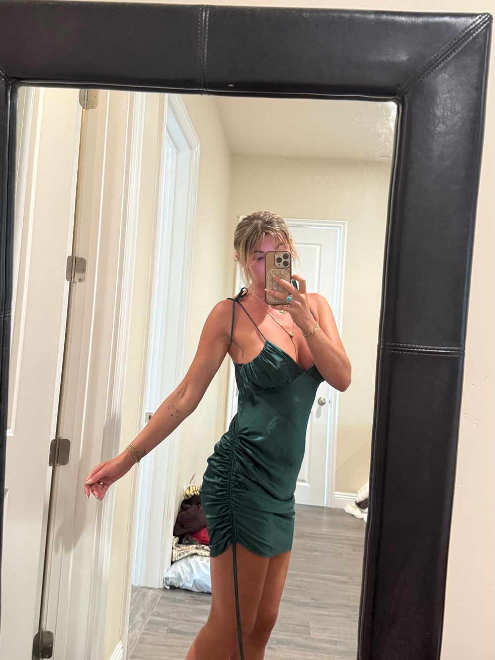 Satin Ruched Slip Dress in Deep Green